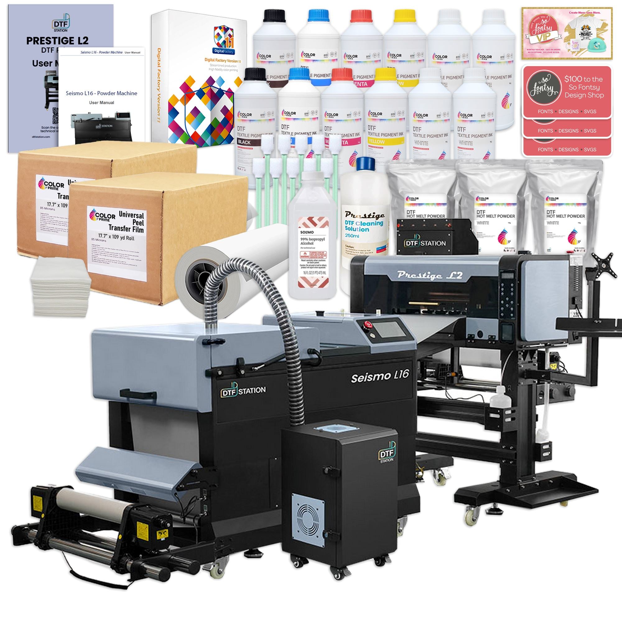 Gallery DTF Printer Bundle 1390R, CMYKW Inks, DTF Powder, Cold Peel Film,  Software, Inline Roll Shaker & Oven With Filter