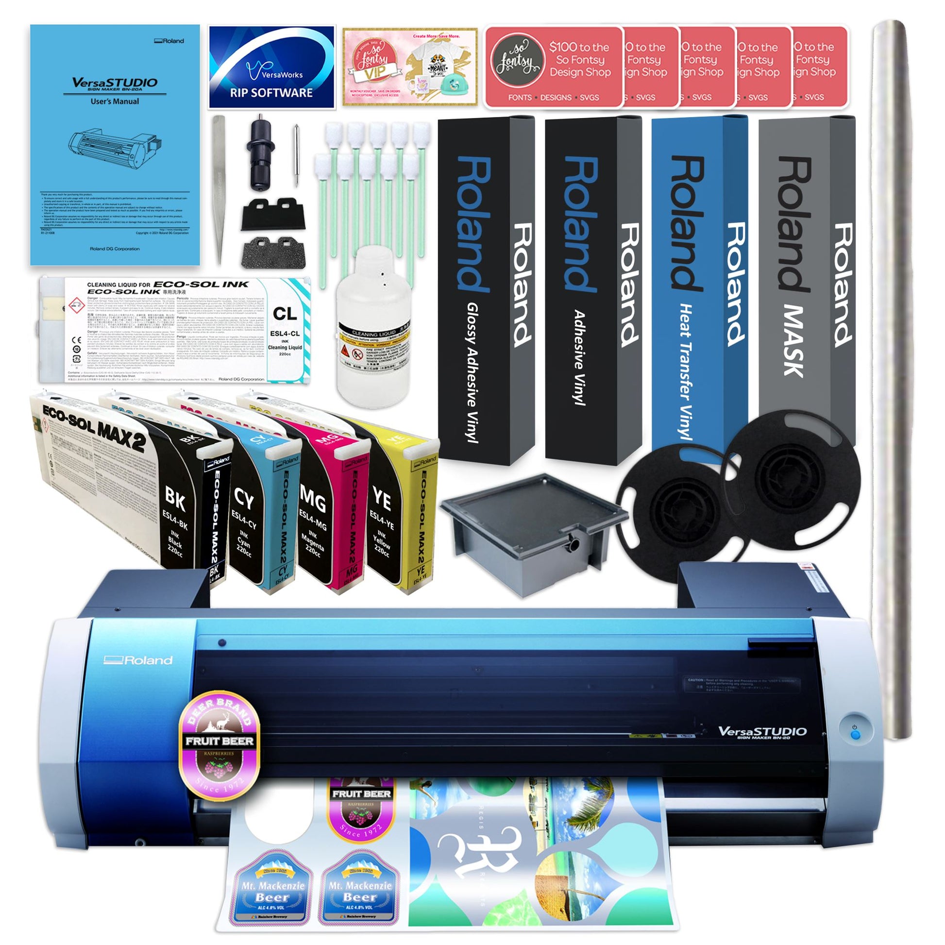 Roland BN-20A Desktop 20" Eco-Solvent Printer & Cutter w/ CMYK Inks & Media Eco Printers Roland 