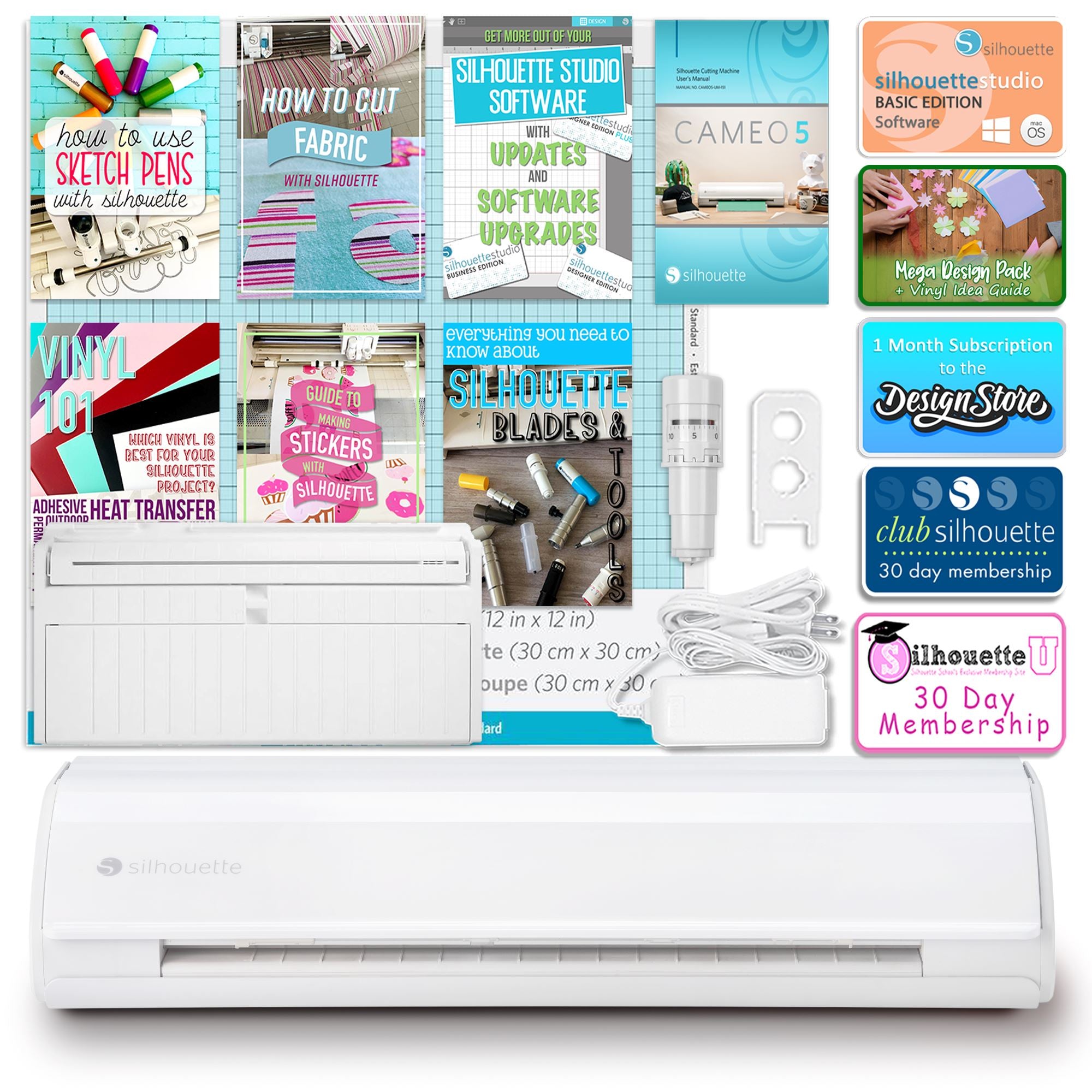 Silhouette White Cameo 4 w/ Deluxe Blade & Tool Pack, Mat Pack, Guides, Designs