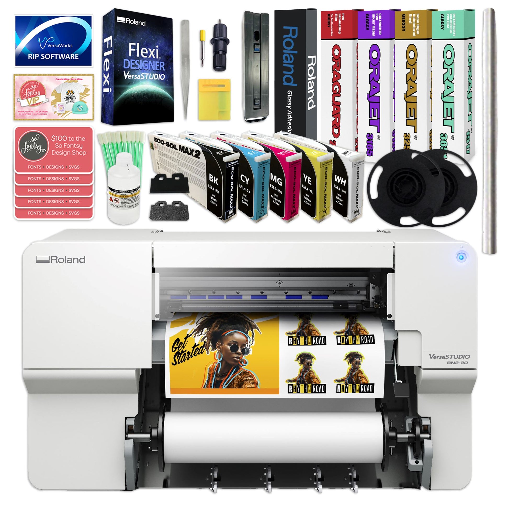 Roland BN2-20 Desktop 20" Eco-Solvent Printer & Cutter w/ Inks & Media Eco Printers Roland CMYK + White Ink Set 