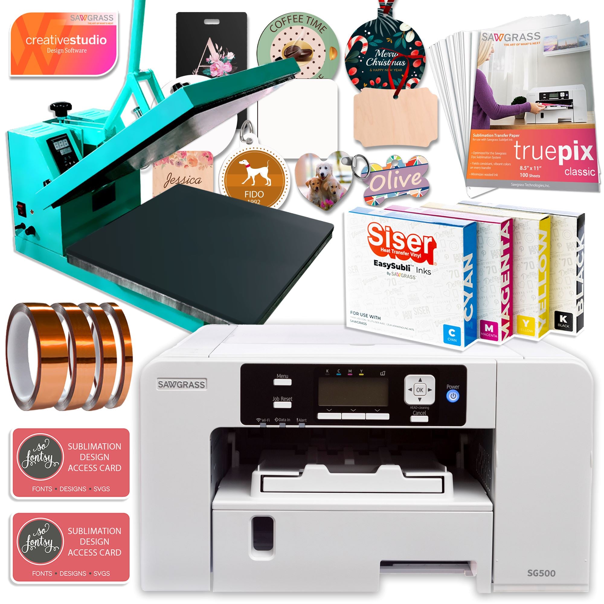 Sawgrass SG500 & SubliJet UHD Starter Kit Bundle for Sublimation Blank Printing, Samples, Subli Ink, Bypass Tray, Heat Tape & Dispenser, Beginners
