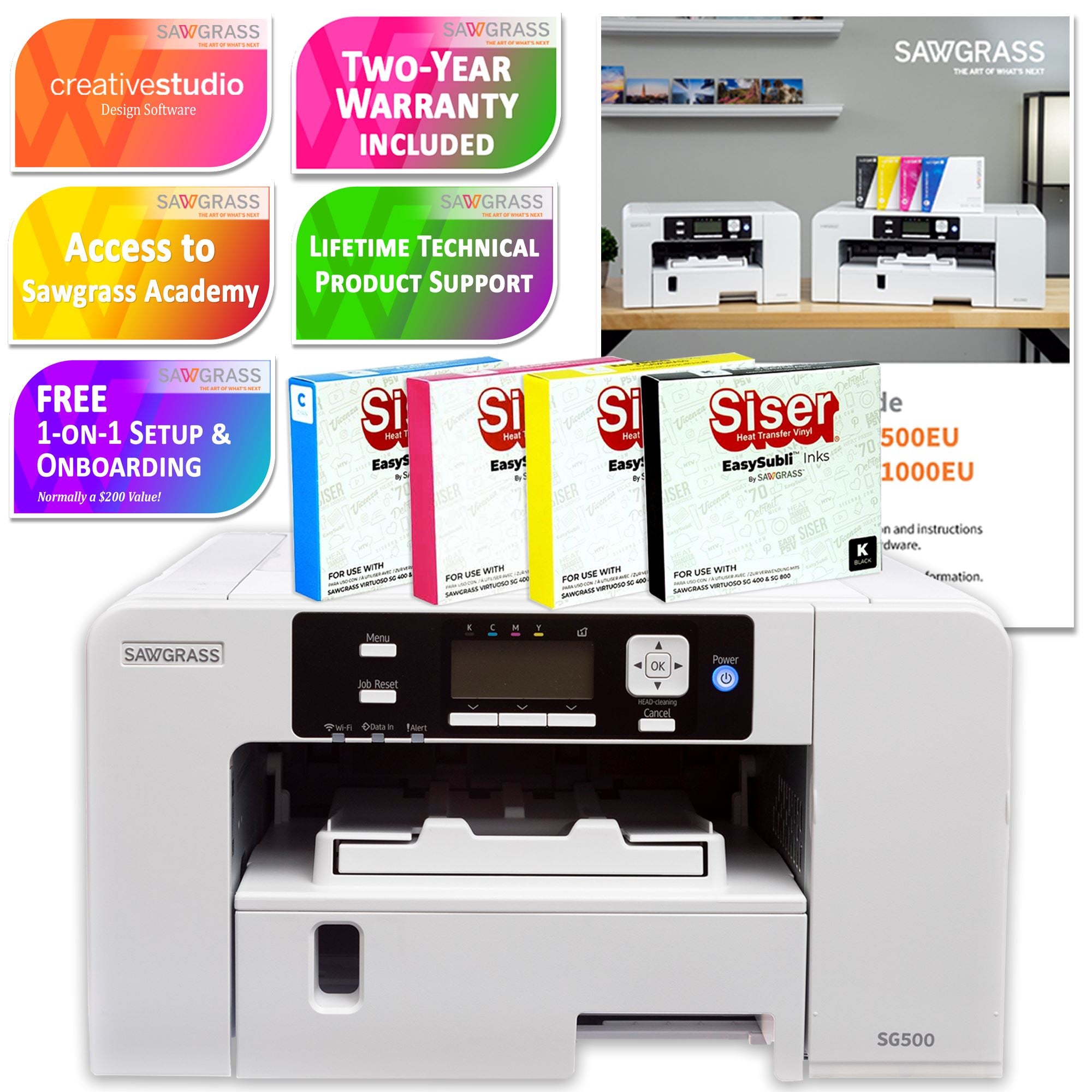 Sawgrass UHD Virtuoso SG500 Sublimation Printer & Cameo 4 Plus 15 Bundle - Starter Ink Set - 20ml
