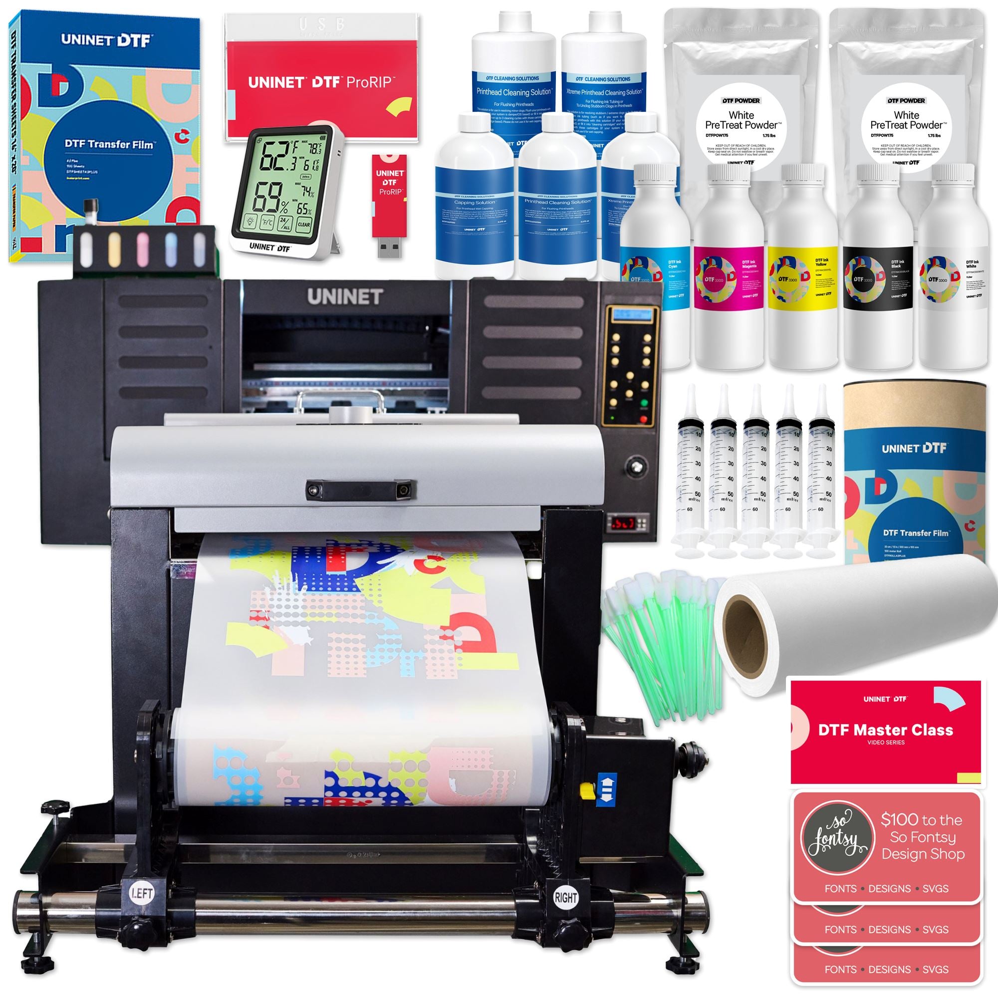 DTF PRO MODEL J (Direct to Film Printer) - works with sheets or rolls,  vacuum, WIMS, XL-White Tank, 32cm print width, bi-directional Roll feeder,  advanced roller system, RIP and ROLL software included 
